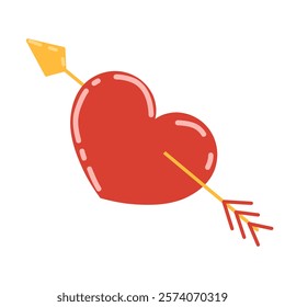 Arrow through a heart sticker for Valentine's Day. Red heart symbol with a gold arrow sign for print and web design. Vector icon, logo illustration, vector graphics isolated on white