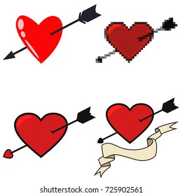 Arrow through heart vector set of different icons: pixel, cartoon, tattoo in flat style isolated on a white background.