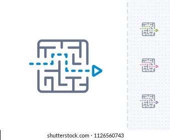 Arrow Through Maze - Vibrant Dash Icons. A professional, pixel-aligned icon.