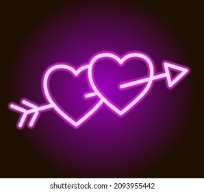 Arrow through two hearts. Valentines day icon. Neon sign