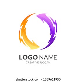 logotipo de trueno de flecha, flecha y trueno, logotipo combinado con un estilo de color amarillo y púrpura 3d