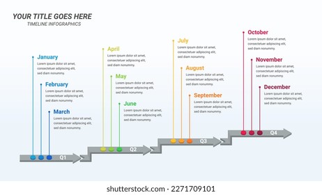 Arrow Timeline Infographic Presentation Template with Twelve Months Options or Steps for One Year Forecast, Business Presentations, Finance Reports, Business Planning, and Yearly Reports.