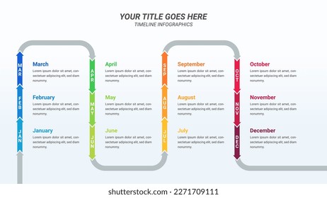 Arrow Timeline Infographic Presentation Template with Twelve Months Options or Steps for One Year Forecast, Business Presentations, Finance Reports, Business Planning, and Yearly Reports.