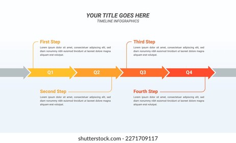 Arrow Timeline Infographic Presentation Template with Four Quarters Options or Steps for One Year Forecast, Business Presentations, Finance Reports, Business Planning, and Yearly Reports.