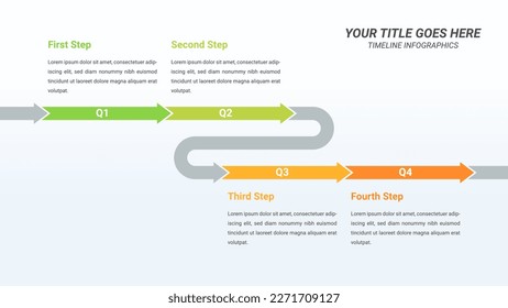 Arrow Timeline Infographic Presentation Template with Four Quarters Options or Steps for One Year Forecast, Business Presentations, Finance Reports, Business Planning, and Yearly Reports.