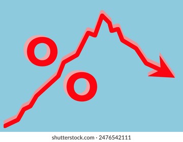 Una flecha que hace un seguimiento de los altibajos de un gráfico financiero se ve como un símbolo porcentual en una ilustración 3D sobre el aumento y la caída de las tasas de interés de los préstamos. 