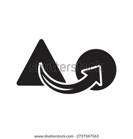 Arrow transforming geometric circle shape into triangle representing conversion transformation change adaptation modification morphing evolution process