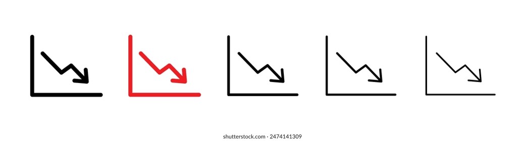 Symbol für Pfeil-Abwärtstrend-Linie gesetzt. Pfeil-Vektorgrafik des Abwärtstrenddiagramms. Negative Balkendiagramm-Symbol. Senken oder Senken von Kostenzeichen für UI-Designs.