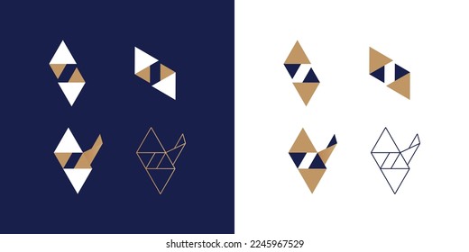 Arrow, triangle, 3D negative space, blue and beige symbols for movement, letters A and W