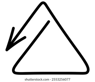 Arrow triangle. Sketch. Pointer twists along triangle and points down. Hand drawn black sign. Vector illustration. Outline on isolated white background. Doodle style. Idea for web design.