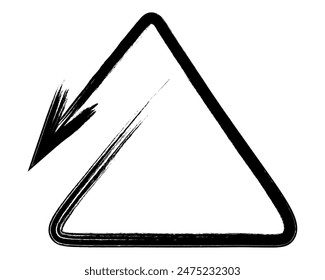 La flecha es triangular. Boceto. El puntero se enrosca en un triángulo y apunta hacia abajo. Signo dibujado a mano. Ilustración vectorial. Señales de dirección hechas de pinceladas. 