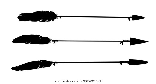 Arrow With Tribal Feathers Silhouettes. Decorative Boho Indian Arrowhead And Feather. Native Aztec Or Hipster Tattoo Sketch Isolated In White Background