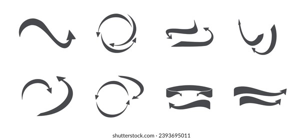 Arrow turning in a circle. Black cursor in a circle. Set of flat round arrows. Vector icons.