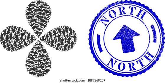 Arrow up twirl flower with four petals, and blue round NORTH textured rubber print with icon inside. Element flower organized from oriented arrow up items. Vector flower collage in flat style.