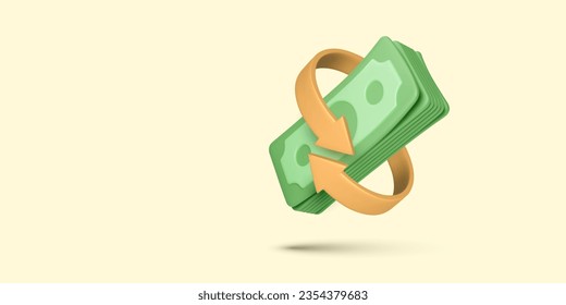 Arrow twisted around dollar bills. 3D cartoon bundle cash money. Cashback and refund.  Currency exchange. Transfer paper banknote. Saving dollars. Vector illustration