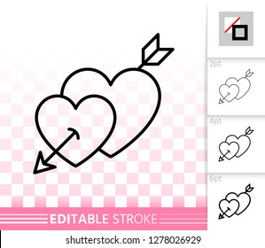 Arrow in two hearts thin line icon. Outline sign of valentines day. Love linear pictogram, different stroke width. Romantic simple vector transparent symbol. Amour editable stroke icon without fill