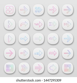 Arrow types app icons set. Wavy, notched, striped double, arrowheads. Dotted, twisted next arrows. Navigation symbol. UI/UX user interface. Web or mobile applications. Vector isolated illustrations