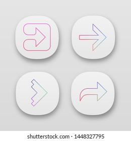 Arrow types app icons set. Forward, right, curved and geometric. Arrowhead indicating rightward. Next arrow. UI/UX user interface. Web or mobile applications. Vector isolated illustrations