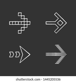 Arrow types chalk icons set. Pixel, shaped, dashed, striped next, forward arrow. Arrowhead showing right direction. Next. Pointer symbol. Navigation cursor. Isolated vector chalkboard illustrations