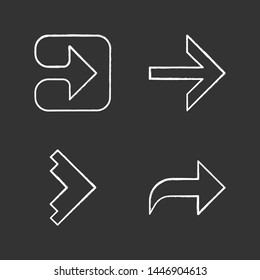 Arrow types chalk icons set. Forward, right, curved, geometric. Arrowhead in square indicating rightward. Motion indicator. Next arrow. Isolated vector chalkboard illustrations