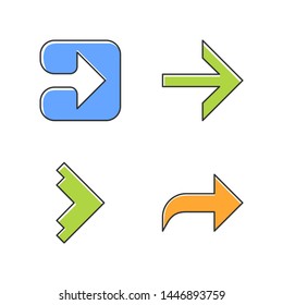Arrow types color icons set. Arrowhead in square indicating rightward. Forward, right, curved and geometric arrows. Motion indexer, indicator, designator. Isolated vector illustrations