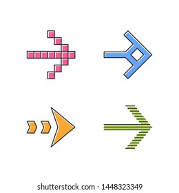 Arrow types color icons set. Pixel, shaped, dashed, striped next, forward arrow. Arrowhead showing right direction. Next. Pointer, indicator symbol. Navigation cursor. Isolated vector illustrations