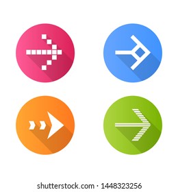 Arrow types flat design long shadow glyph icons set. Pixel, dashed next, forward. Arrowhead showing right direction. Next. Pointer symbol. Navigation cursor. Vector silhouette illustration