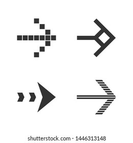 Arrow types glyph icons set. Pixel, shaped, dashed, striped next, forward arrow. Arrowhead showing right direction. Pointer sign. Navigation cursor. Silhouette symbols. Vector isolated illustration