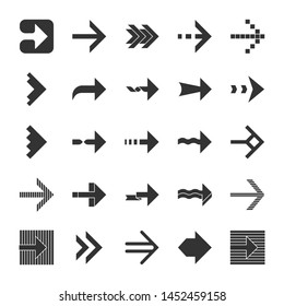 Arrow types glyph icons set. Wavy, notched, striped double, arrowheads. Dotted, twisted, dashed next arrows. Right pointing sign. Navigation silhouette symbols. Vector isolated illustration