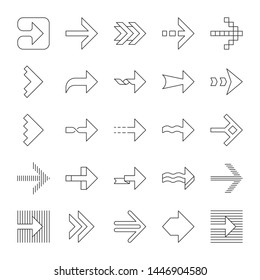 Arrow types linear icons set. Wavy, notched, striped double, arrowheads. Dotted, twisted next. Navigation sign. Thin line contour symbols. Isolated vector outline illustrations. Editable stroke