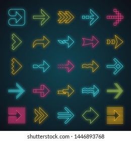 Arrow types neon light icons set. Wavy, notched, striped double, arrowheads. Right pointing sign. Navigation symbol. Dotted, twisted, dashed next arrows. Glowing signs. Vector isolated illustrations