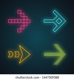 Arrow types neon light icons set. Pixel, shaped, dashed, striped next, forward. Arrowhead showing right direction. Pointer symbol. Navigation cursor. Glowing signs. Vector isolated illustrations