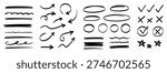 Arrow, underline, circle frame marker line set. Line marker hand drawn pen brush stroke sketch arrow, circle, highlight element. Doodle check, cross, star frame icons. Vector illustration