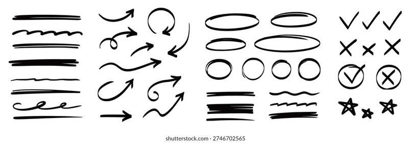Arrow, underline, circle frame marker line set. Line marker hand drawn pen brush stroke sketch arrow, circle, highlight element. Doodle check, cross, star frame icons. Vector illustration
