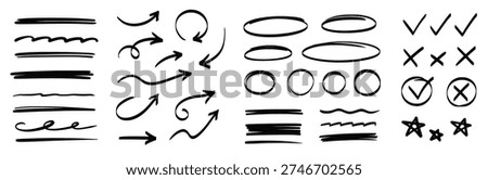 Arrow, underline, circle frame marker line set. Line marker hand drawn pen brush stroke sketch arrow, circle, highlight element. Doodle check, cross, star frame icons. Vector illustration