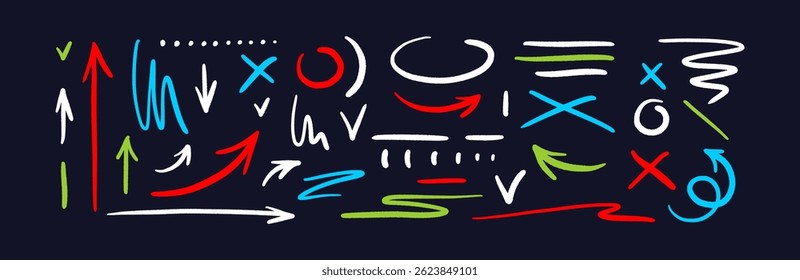 Seta, conjunto de rabiscos sublinhado. Esboço de linha de arte, ícone em estilo infantil. Escova desenhada à mão elemento no quadro negro para cartões de design, folhetos e brochuras. Ilustração de vetor simples