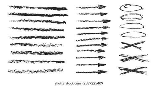 Arrow, underline doodle set. Straight thin pointers, brush strokes, oval emphasis elements. Vector direction arrows and cross by pencil. Grunge chalk graphic freehand illustration set.