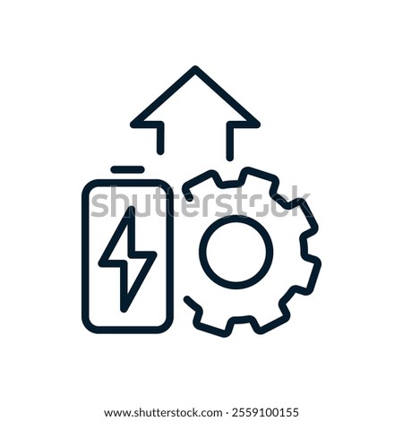 Arrow up, battery, gear. Concept of increasing battery power. Vector linear icon isolated on white background.