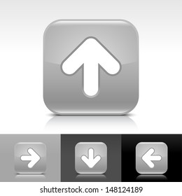 Arrow upload icon. Gray glossy web button with white sign. Rounded square color shape with shadow, reflection on white, gray, black background. Vector illustration design element 8 eps 