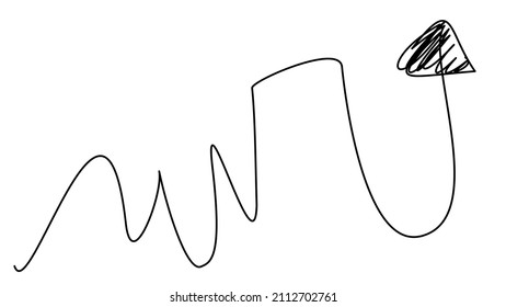 Arrow with uptrend movement in hand-drawing in one line on a white background. The concept of the growth of shares and assets in business.