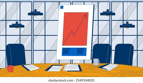 Arrow upward growing whiteboard conference room flat illustration. Rise chart presentation business meeting empty 2D interior cartoon background. Chairs mugs paperwork table scene vector image