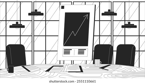 Arrow upward growing whiteboard conference room black and white line illustration. Rise chart presentation business meeting empty 2D interior monochrome backdrop. Chairs mugs paperwork outline vector