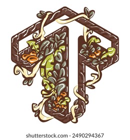 An up arrow and upward icon or button which is formed by a partially transparent shape, with a botanical and tropical element design.