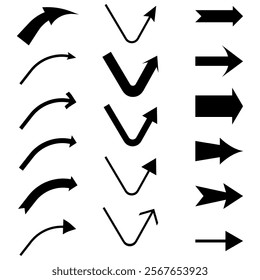 Arrow variations set. Curved and straight forms. Geometric path styles. Minimal vector graphic.