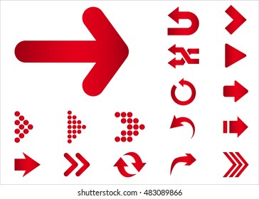 Arrow vector 3d button icon set red color on white background. Isolated interface line symbol for app, web and music digital illustration design. Application sign element collection.