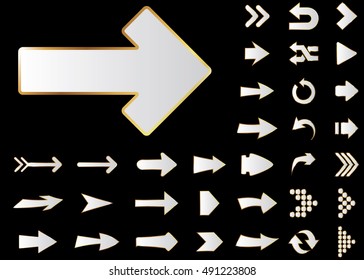 Arrow vector 3d button icon set silver color on black background. Isolated interface line symbol for app, web and music digital illustration design. Application sign element collection.