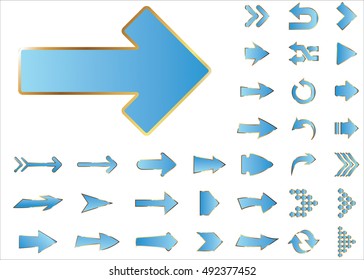 Arrow vector 3d button icon set blue color on white background. Isolated interface line symbol for app, web and music digital illustration design. Application sign element collection.