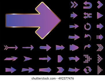 Arrow vector 3d button icon set purple color on black background. Isolated interface line symbol for app, web and music digital illustration design. Application sign element collection.