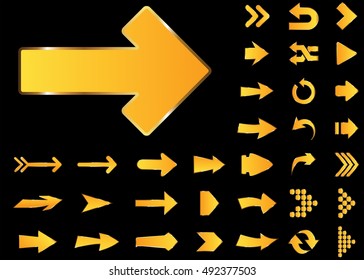 Arrow vector 3d button icon set yellow color on black background. Isolated interface line symbol for app, web and music digital illustration design. Application sign element collection.