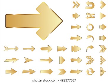 Arrow vector 3d button icon set gold color on white background. Isolated interface line symbol for app, web and music digital illustration design. Application sign element collection.